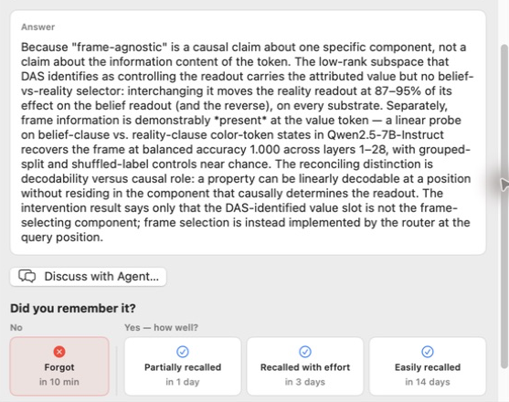 A revealed paper-quiz answer with a button to discuss it and a compact strip of four recall choices with review intervals.