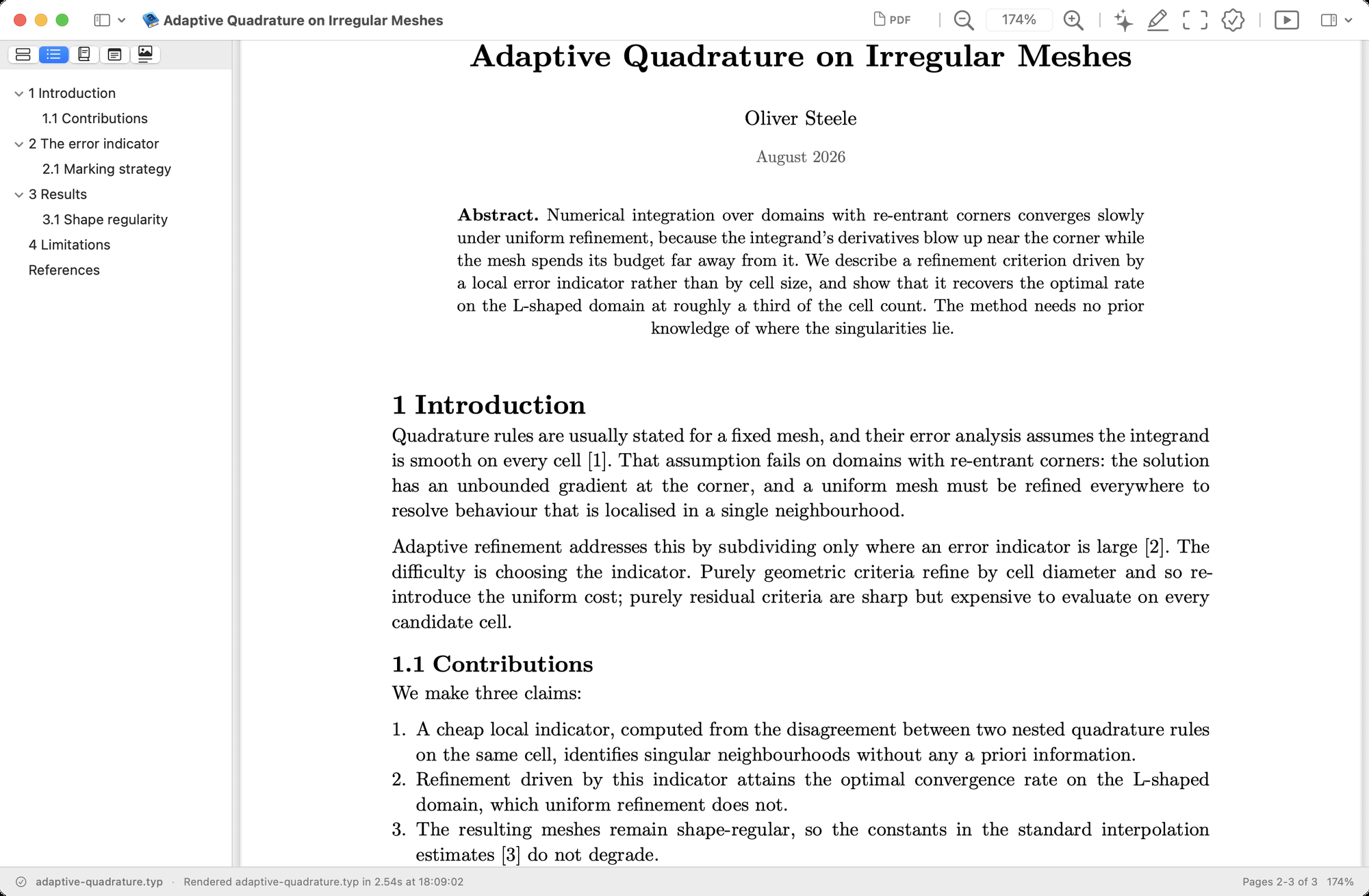 A Typst paper rendered in Typeset Viewer, with the table of contents sidebar showing numbered sections.